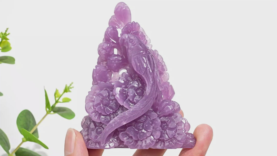 Unique,Natural Crystal Lepidolite Parrot With Daisy Carving