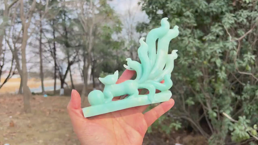 Unique,Natural Blue Quartzite Carving Nine-Tailed Fox