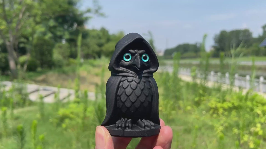 Natural Crystal Black Obsidian Hooded Owl Carving