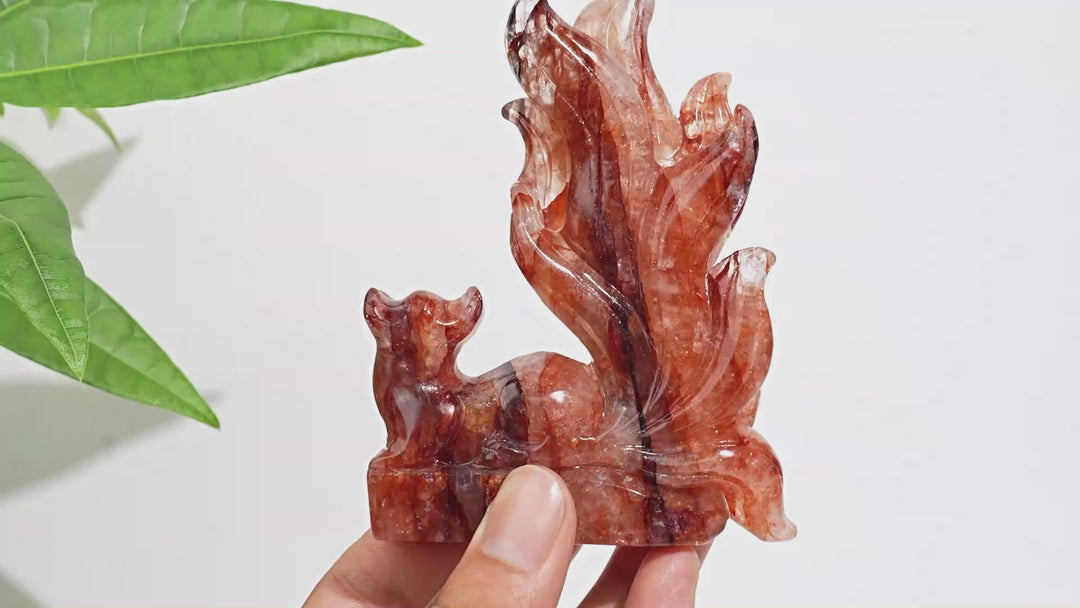 Unique,Natural Crystal Fire Quartz Nine-Tailed Fox Carving
