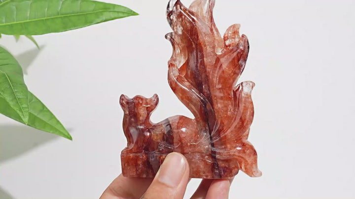 Unique,Natural Crystal Fire Quartz Nine-Tailed Fox Carving