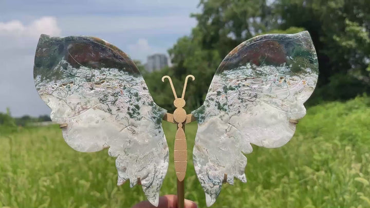 Unique,Natural Crystal Elegant Moss Agate Butterfly Wings