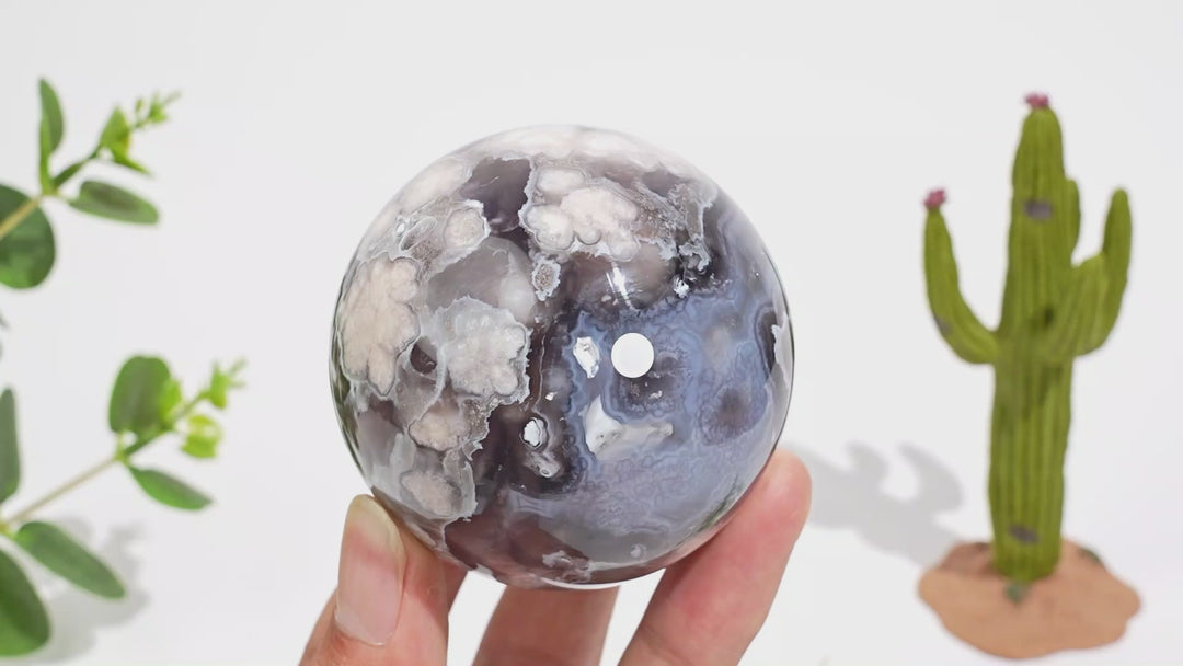 A Slightly Imperfect Natural Crystal Black Flower Agate Sphere