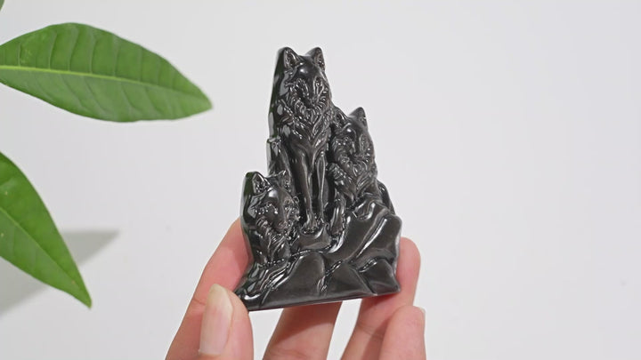 Natural Crystal Silver Obsidian Three‑Wolf Carving