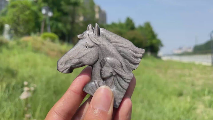 Natural Crystal Silver Obsidian Maiden With Horse Carving