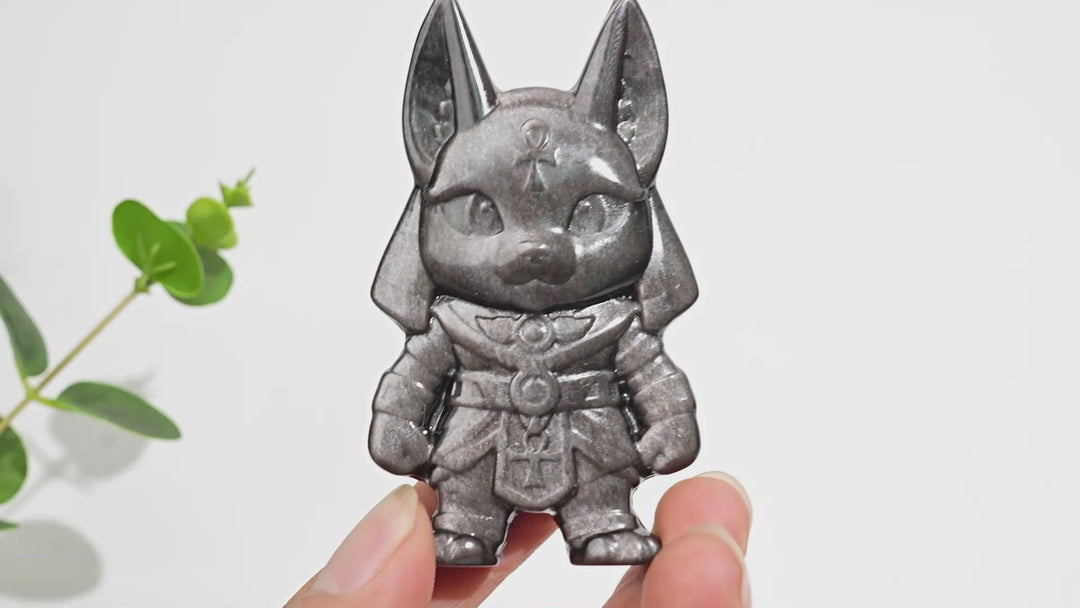 Natural Crystal Carving Silver Obsidian Cute Anubis