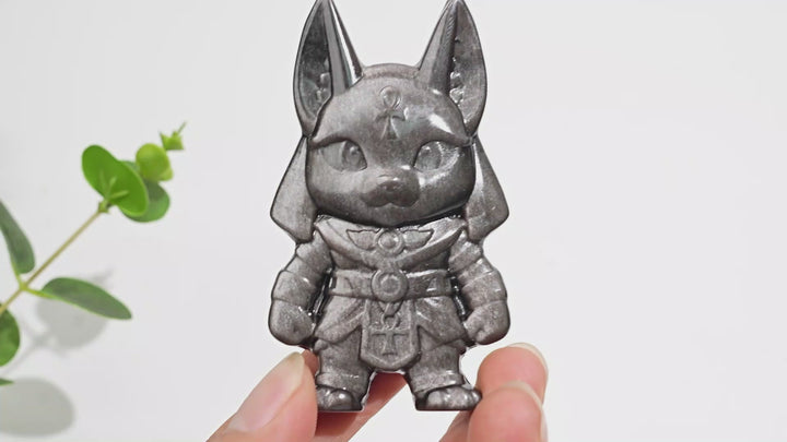 Natural Crystal Carving Silver Obsidian Cute Anubis