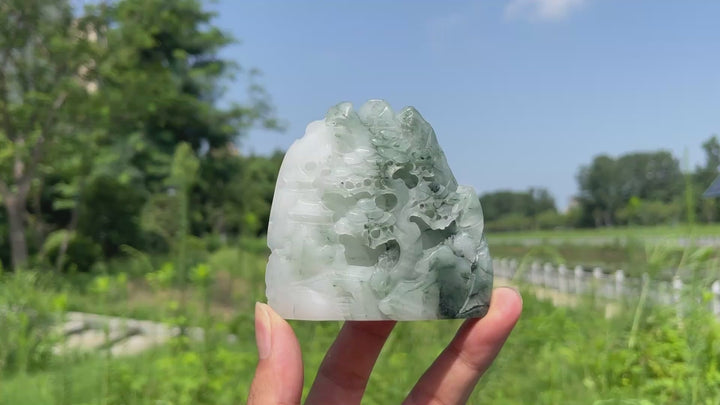 Unique,Natural African Green Jade Crystal Landscape Carving