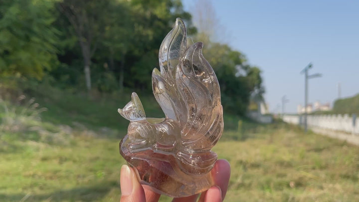Unique,Natural Crystal Carving Smokey Quartz Dragon & Nine Tailed Fox