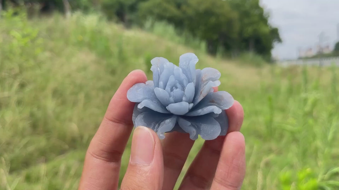 Unique,Natural Crystal Angelite Peony Flower Carving