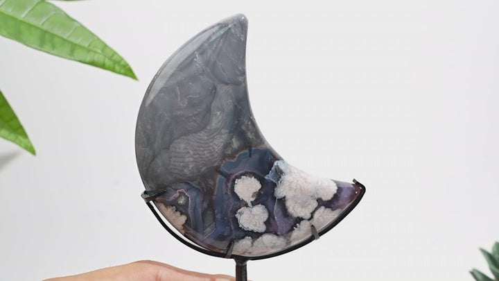 Unique,Natural Crystal Blue Flower Agate Moon With Stand
