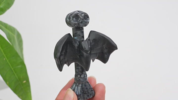 Natural Crystal Gothic Bat On Broom Carving