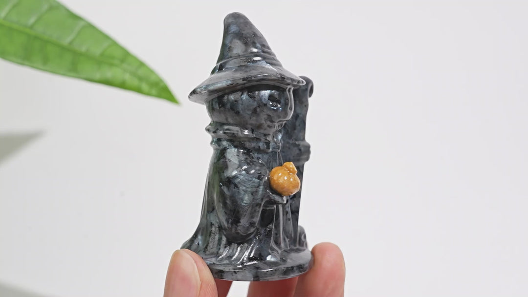Natural Crystal Hat-Wearing Pumpkin Ghost Wizard Carving