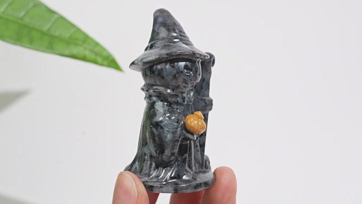 Natural Crystal Hat-Wearing Pumpkin Ghost Wizard Carving