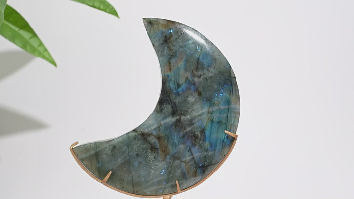 Unique,Natural Labradorite Crystal Moon With Stand