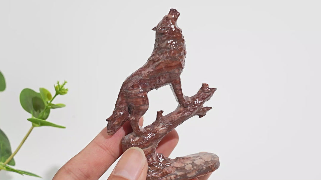Natural Crystal Howling Wolf On Branch Carving