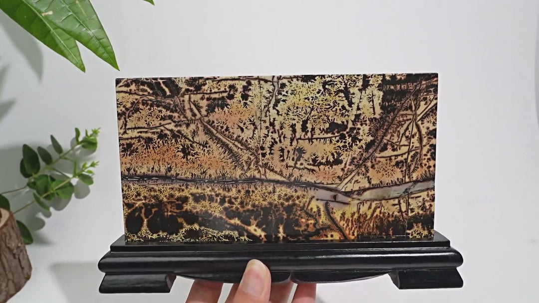 Unique,Natural Picture Jasper Landscape Ornament With Wood Base