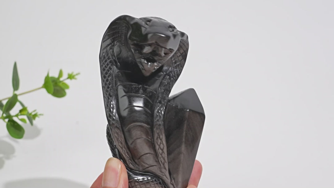 Unique,Natural Crystal Silver Obsidian Cobra Carving