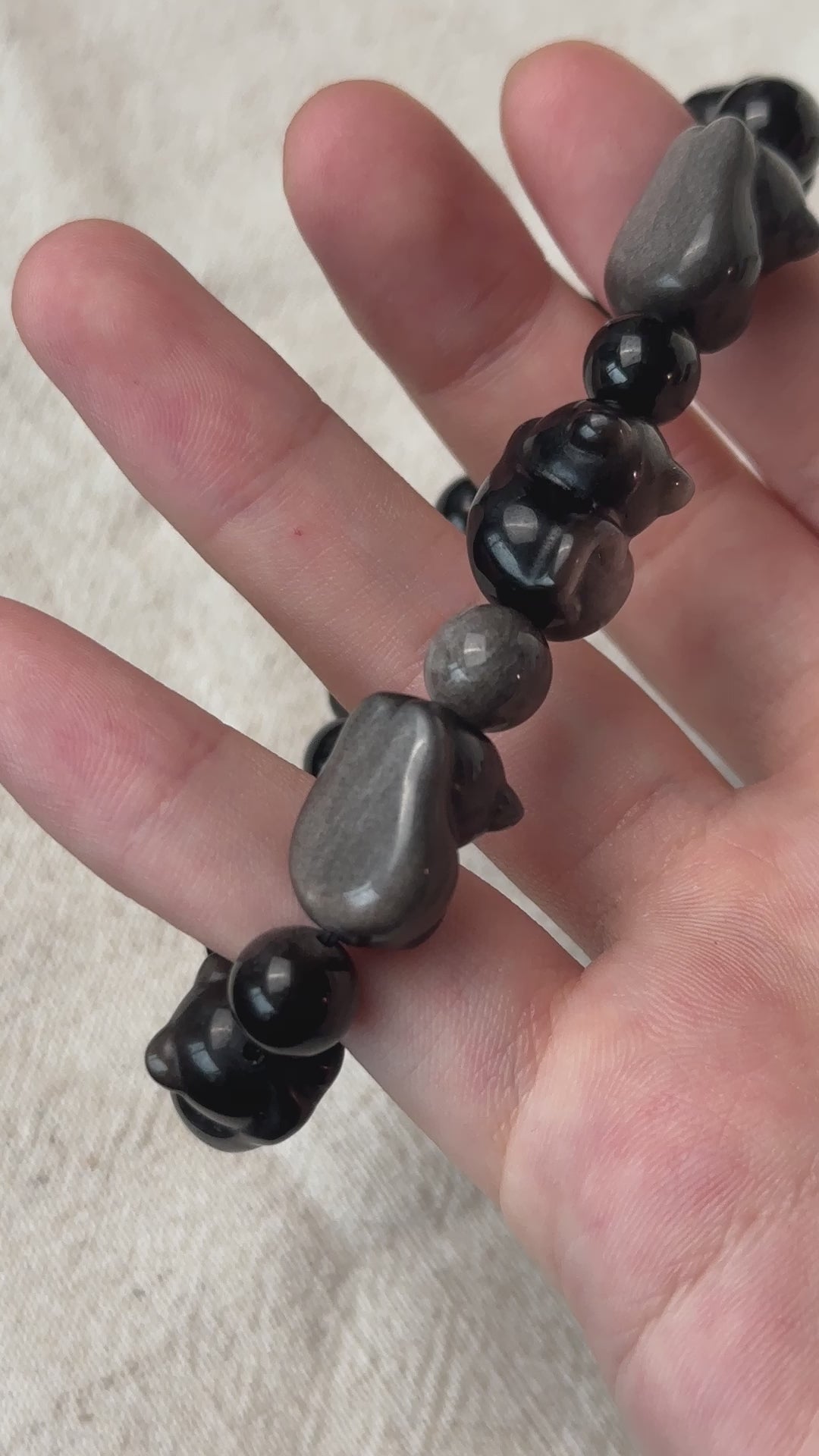 Silver Obsidian Cat Bead Bracelet 11.2-11.6mm