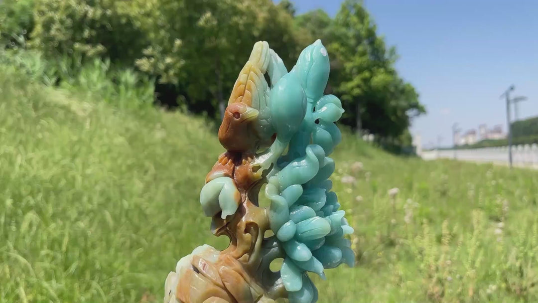 Unique,A Slightly Imperfect Stunning Blue Quartzite Flower And Bird Carving