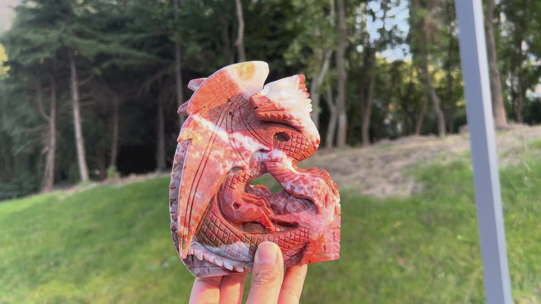 Unique Red Ocean Jasper Dragon Sculpture