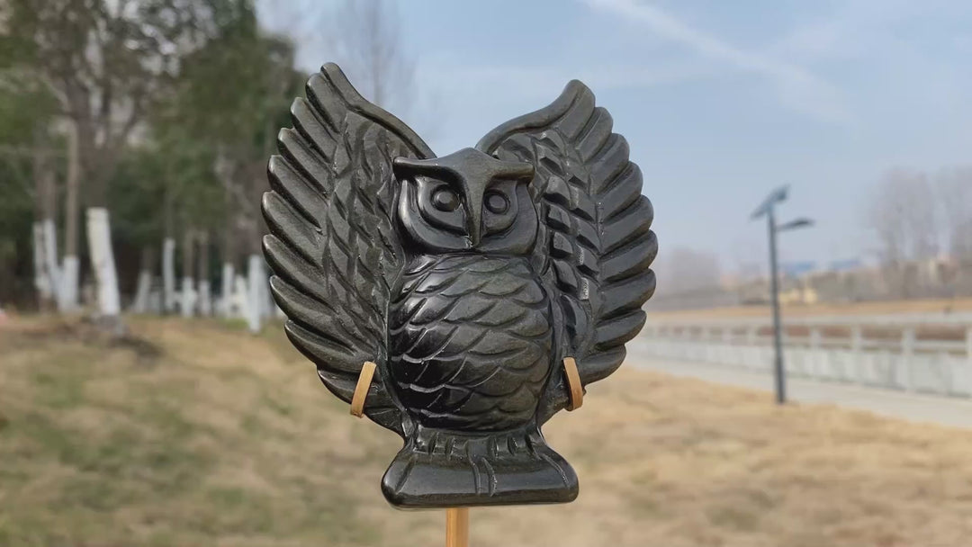 Unique Natural Crystal Carving Golden Obsidian Owl
