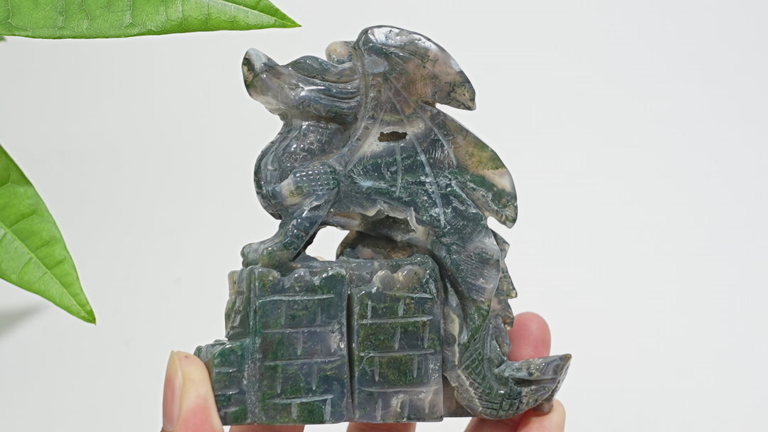 Unique,A Slightly Imperfect Natural Crystal Moss Agate Flying Dragon Carving