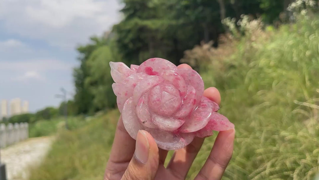 Unique,Natural Rhodonite In Quartz Peony Blossom Carving