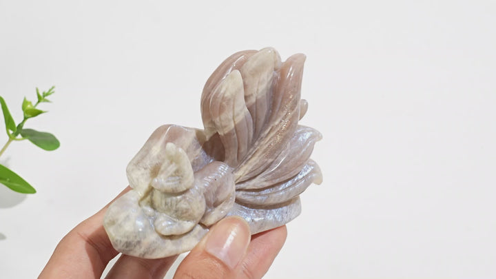 Unique,Natural Crystal Exquisite Moonstone Nine Tailed Fox Carving