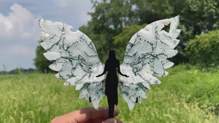 Unique,A Slightly Imperfect Natural Crystal Moss Agate Angel Wings With Stand