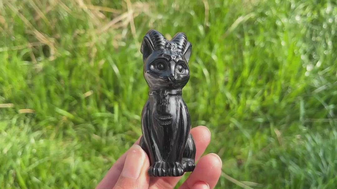 Natural Crystal Black Obsidian Horned Cat