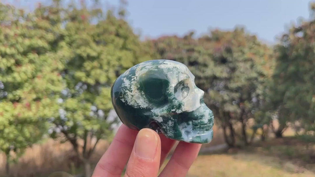 Unique,Natural Crystal Carving Moss Agate Skull