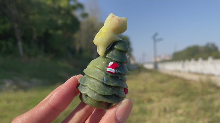 Natural Crystal Carving Cat With Christmas Tree