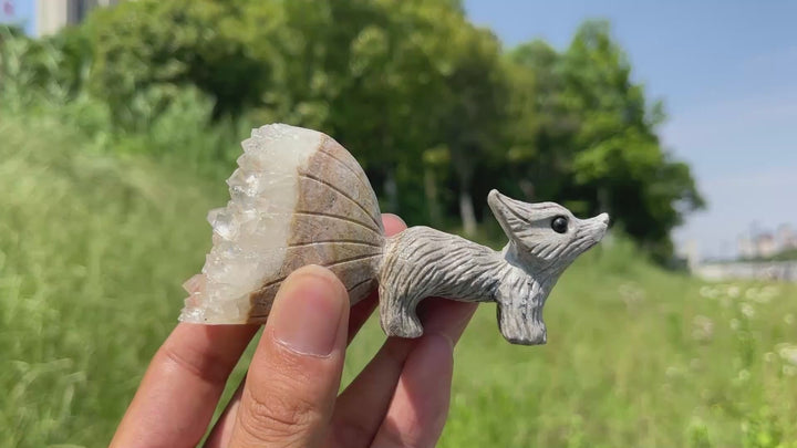 Natural Crystal Delicate Cluster Nine‑Tailed Fox Carving