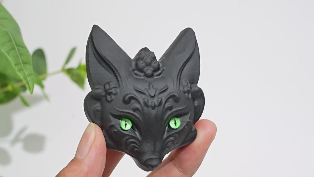Natural Crystal Black Obsidian Fox Mask Carving