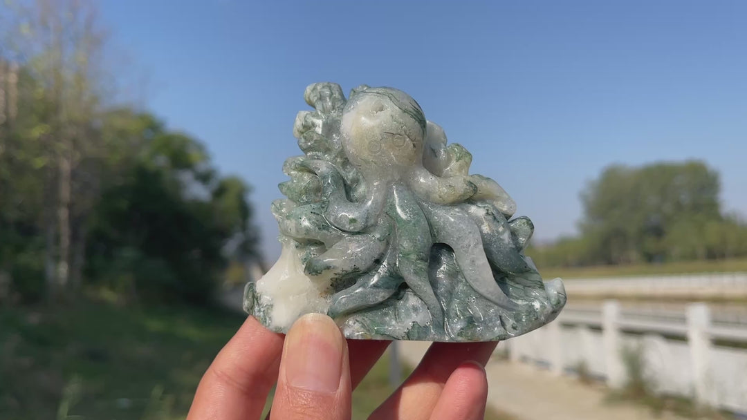 Unique,Natural Crystal Carving Moss Agate Octopus