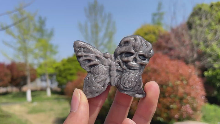 Natural Silver Obsidian Carved Skull Butterfly