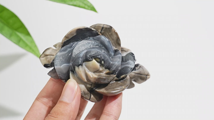 Unique,Natural Crystal Volcanic Agate Peony Flower Carving