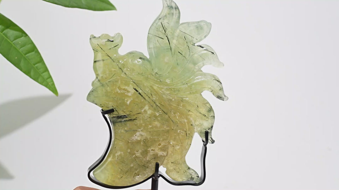 Unique,A Slightly Imperfect Natural Crystal Prehnite Nine Tailed Fox Carving With Stand