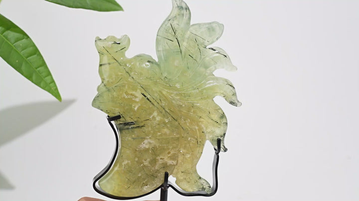 Unique,A Slightly Imperfect Natural Crystal Prehnite Nine Tailed Fox Carving With Stand