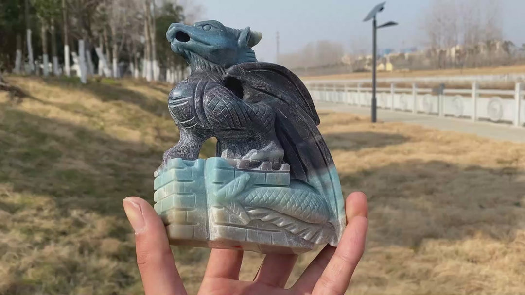 Unique Natural Crystal Carved Trolleite Flying Dragon Castle