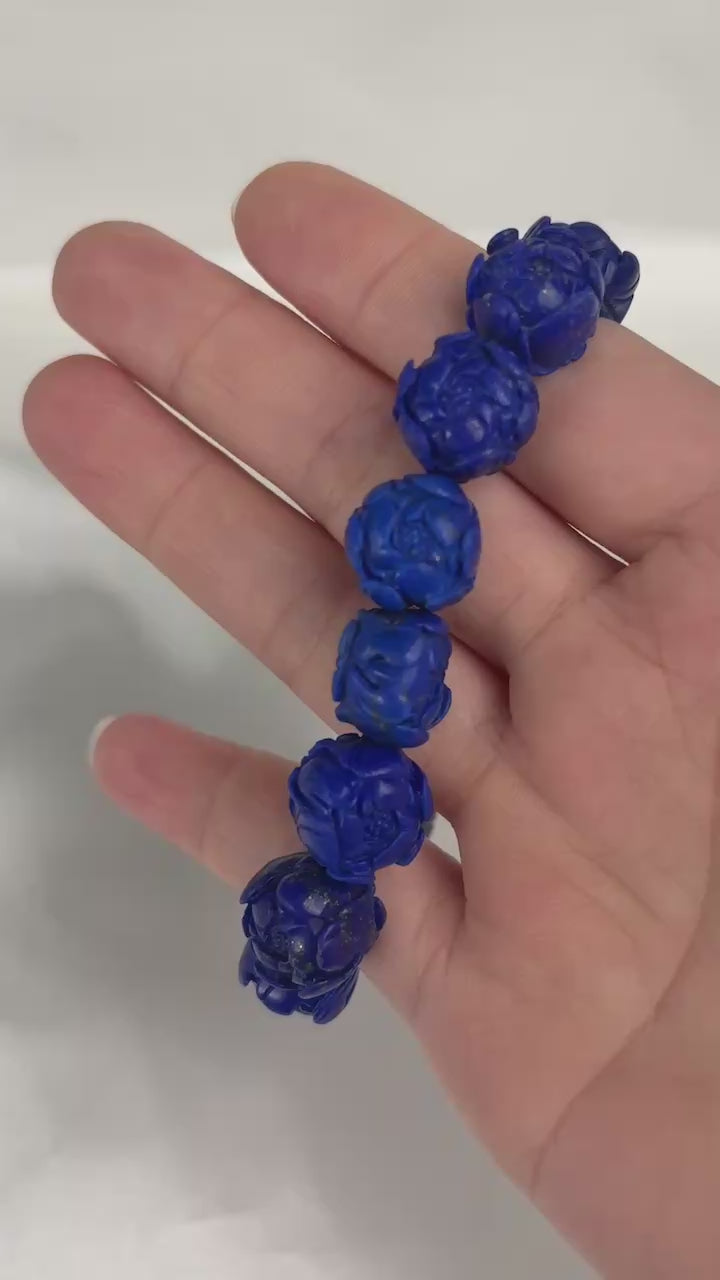 Lapis Lazuli Carved Rose Bracelet 12.8-14mm