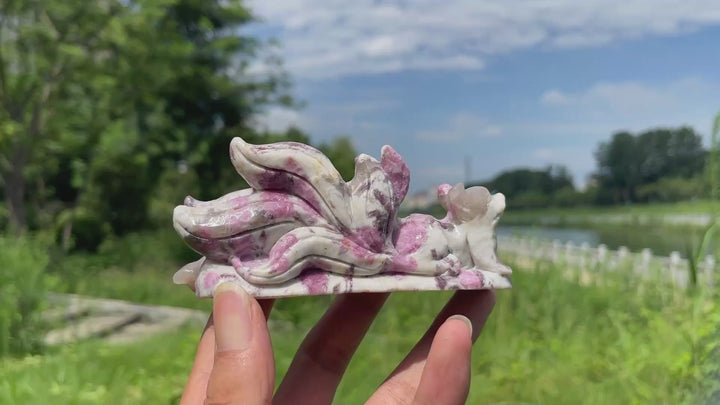 Unique,A Slightly Imperfect Natural Plum Tourmaline Nine-Tailed Fox Carving