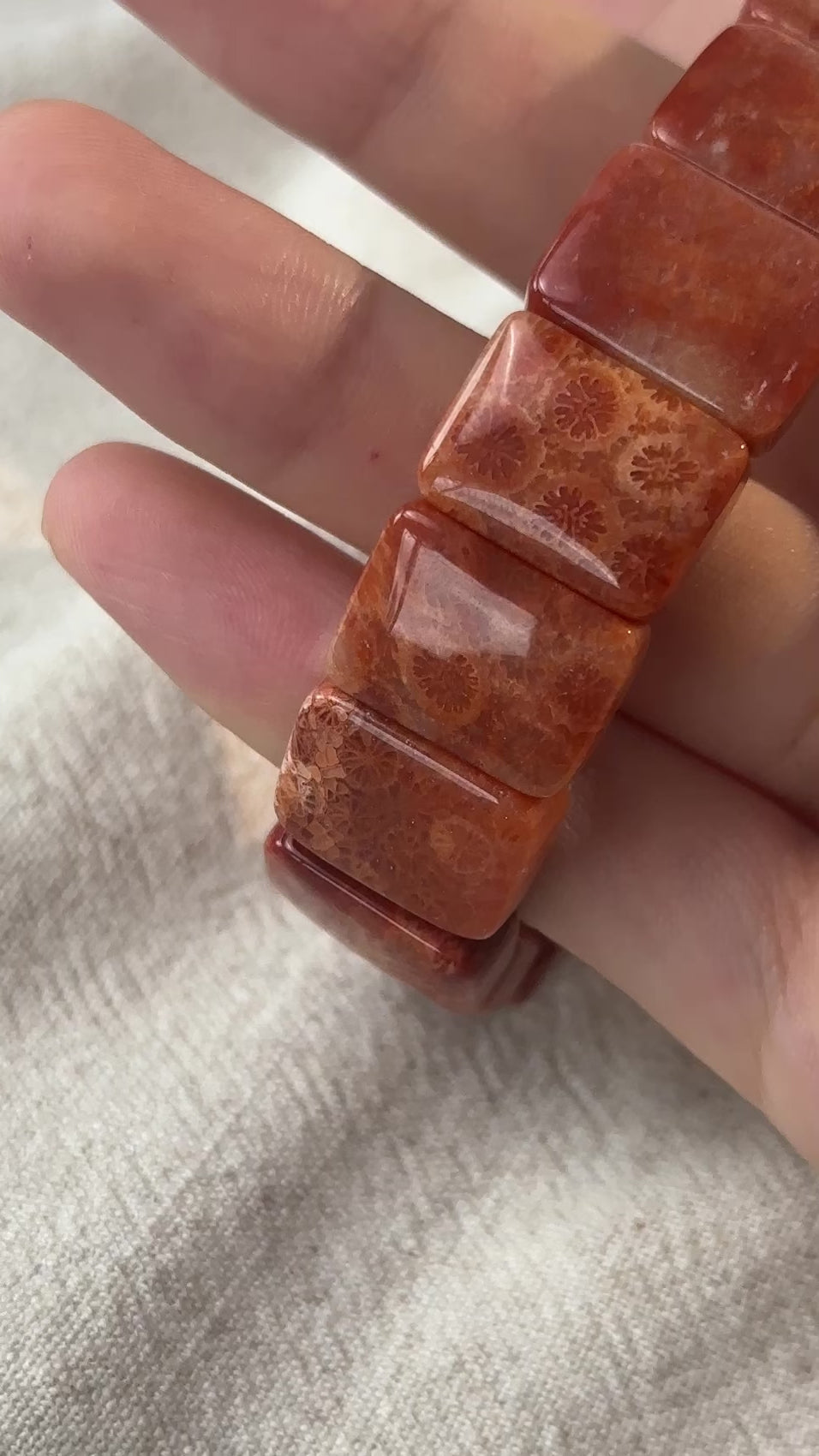 Coral Fossil Square Bead Bracelet 15.8-18.4mm