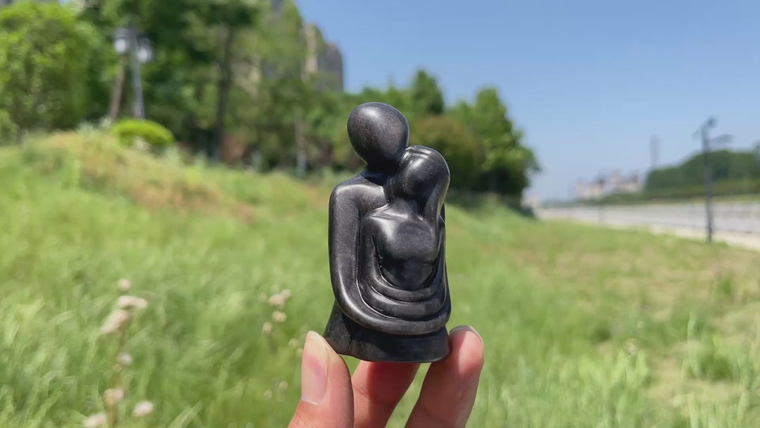 Natural Crystal Silver Obsidian Embracing Couple Carving