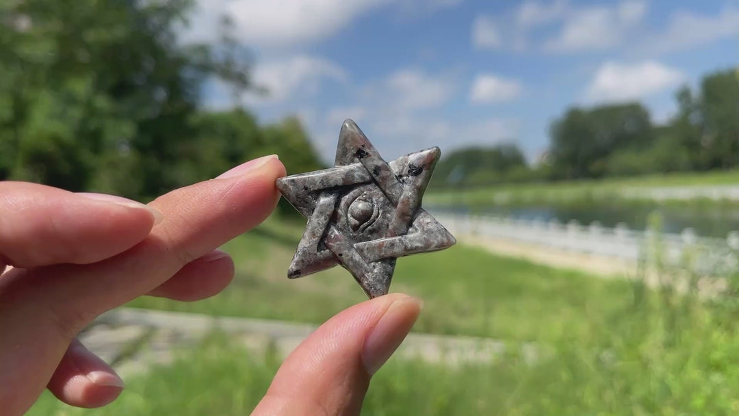 Natural Crystal Yooperlite Hexagram Evil Eye Carving