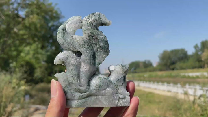 Unique,A Slightly Imperfect Natural Crystal Exquisite Moss Agate Nine‑Tailed Fox