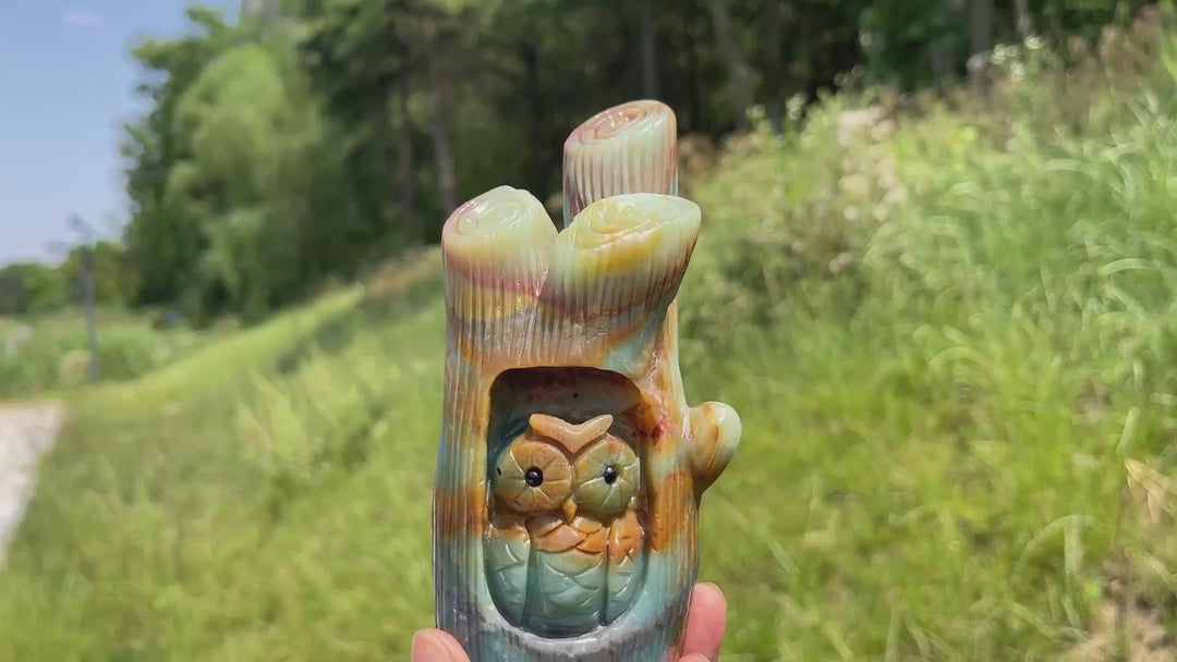 Unique,A Slightly Imperfect Natural Blue Quartzite Owl Tree Stump Carving