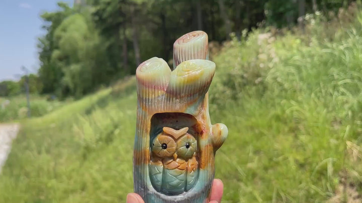 Unique,A Slightly Imperfect Natural Blue Quartzite Owl Tree Stump Carving