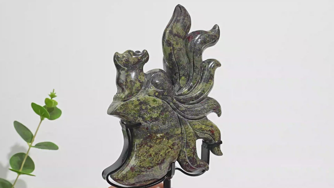 Unique,Natural Crystal Carving Dragon Blood Stone Nine Tailed Fox